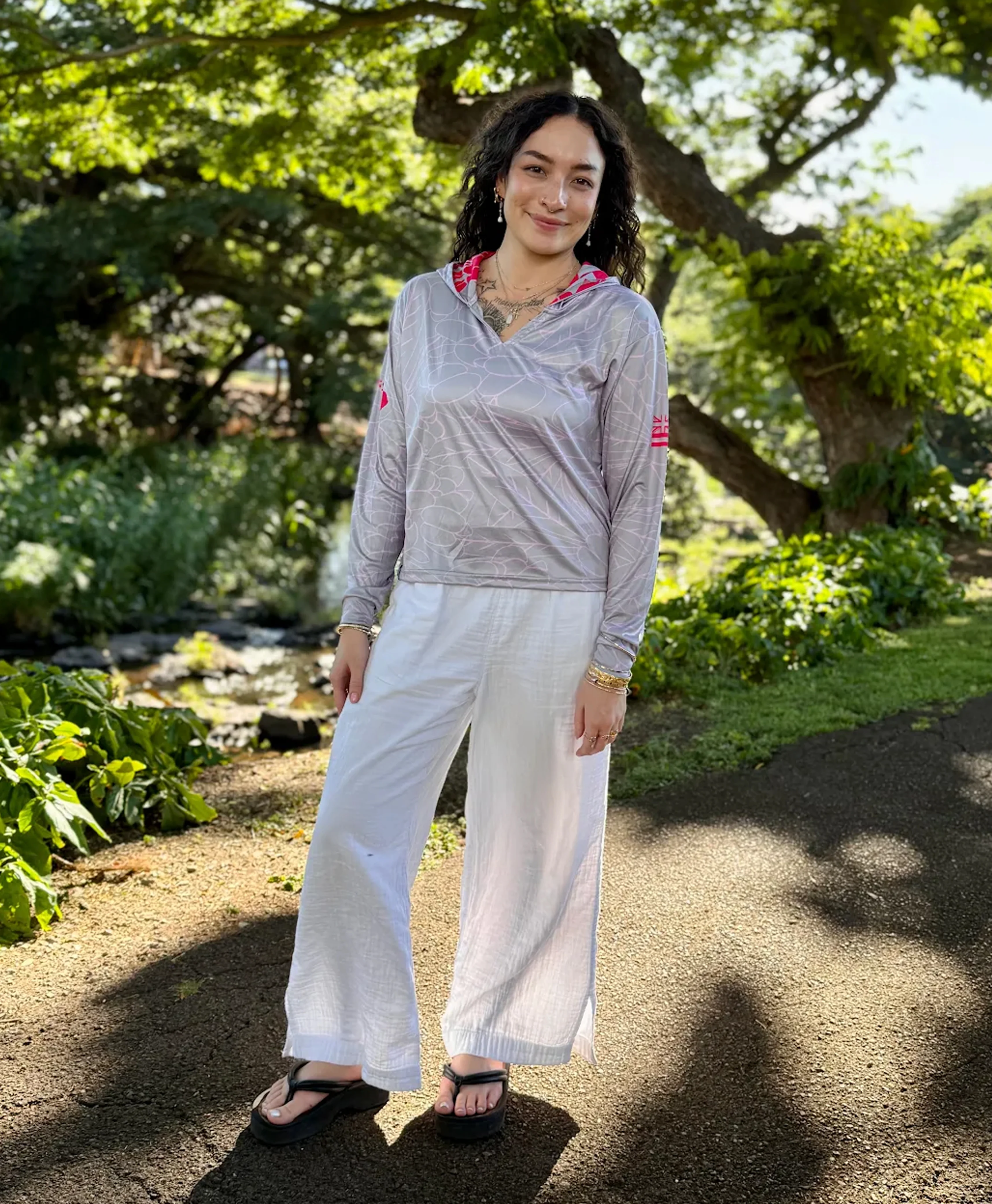 Aalii Wahine VNeck Hooded Crop Longsleeve Drifit Gray Rose - Image 2