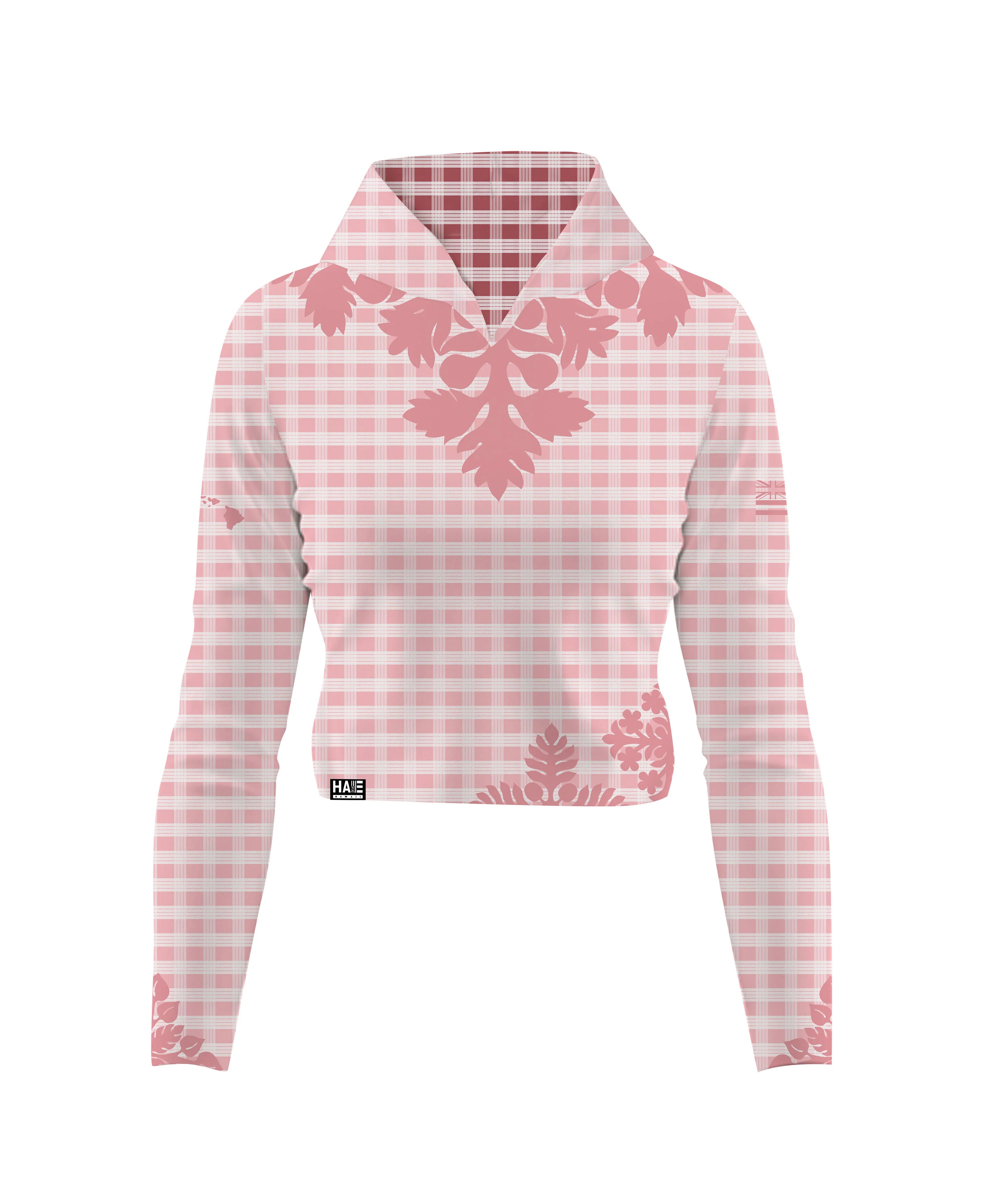 Palaka Kuiki Wahine V-Neck Hooded Crop Longsleeve Drifit Pink - Image 3
