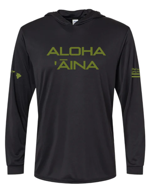 Aloha Aina Hooded Long Sleeve Drifit Green on Black - Image 2