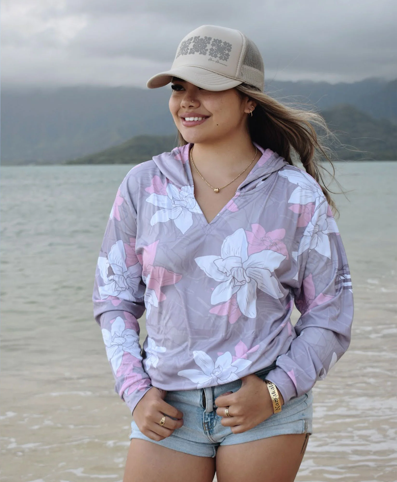 Kiele Wahine Hooded Long Sleeve Vneck Drifit Gray - Image 2