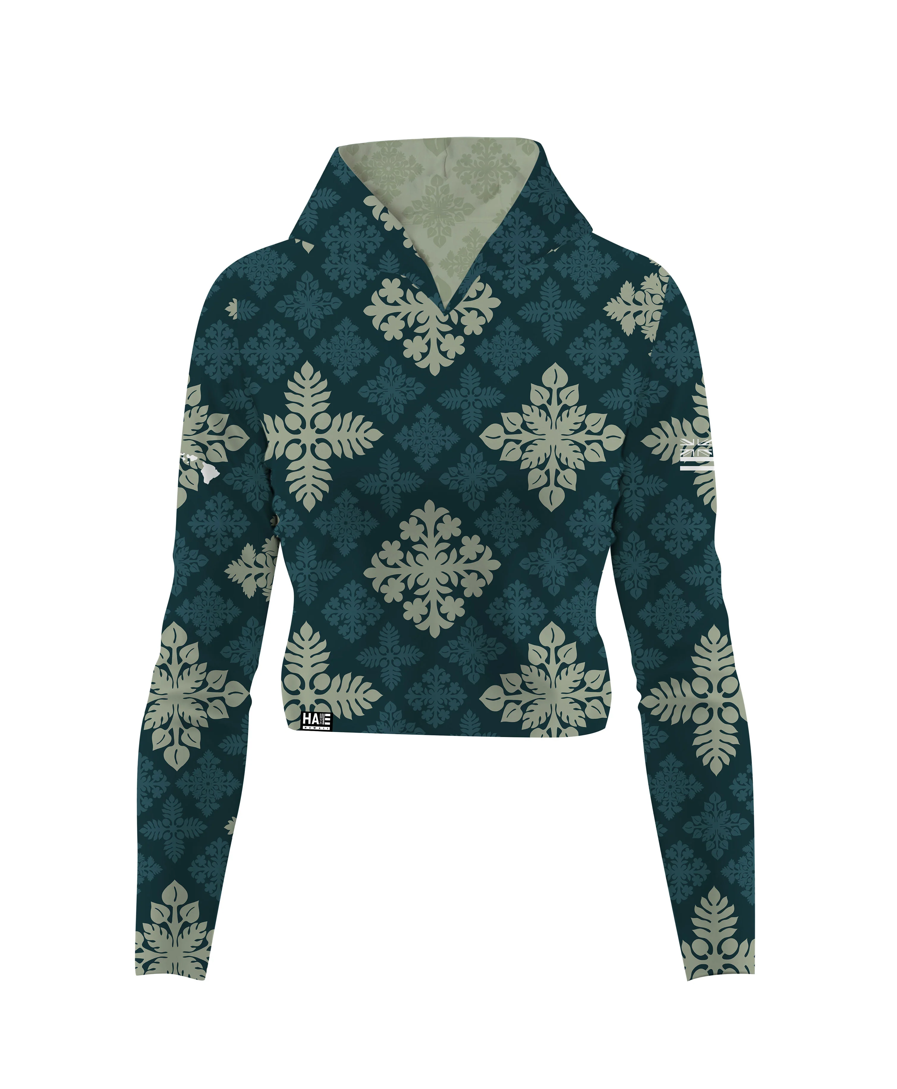 Kapa Kuiki Wahine Crop Hooded Long Sleeve Vneck Drifit Dark Teal - Image 4