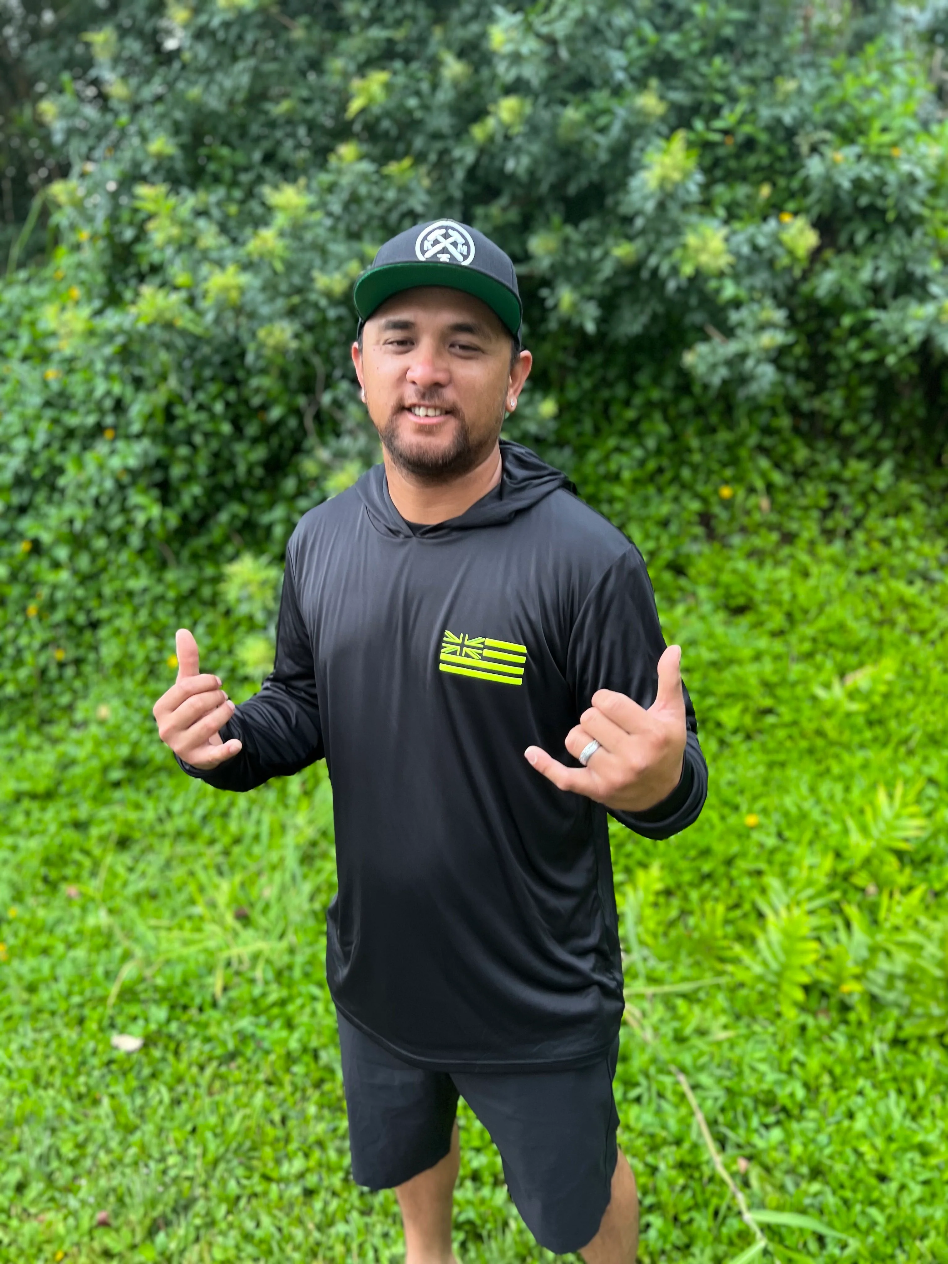 Keep Hawaiian Lands in Hawaiian Hands Hooded Longsleeve Drifit Black/Neon - Image 2