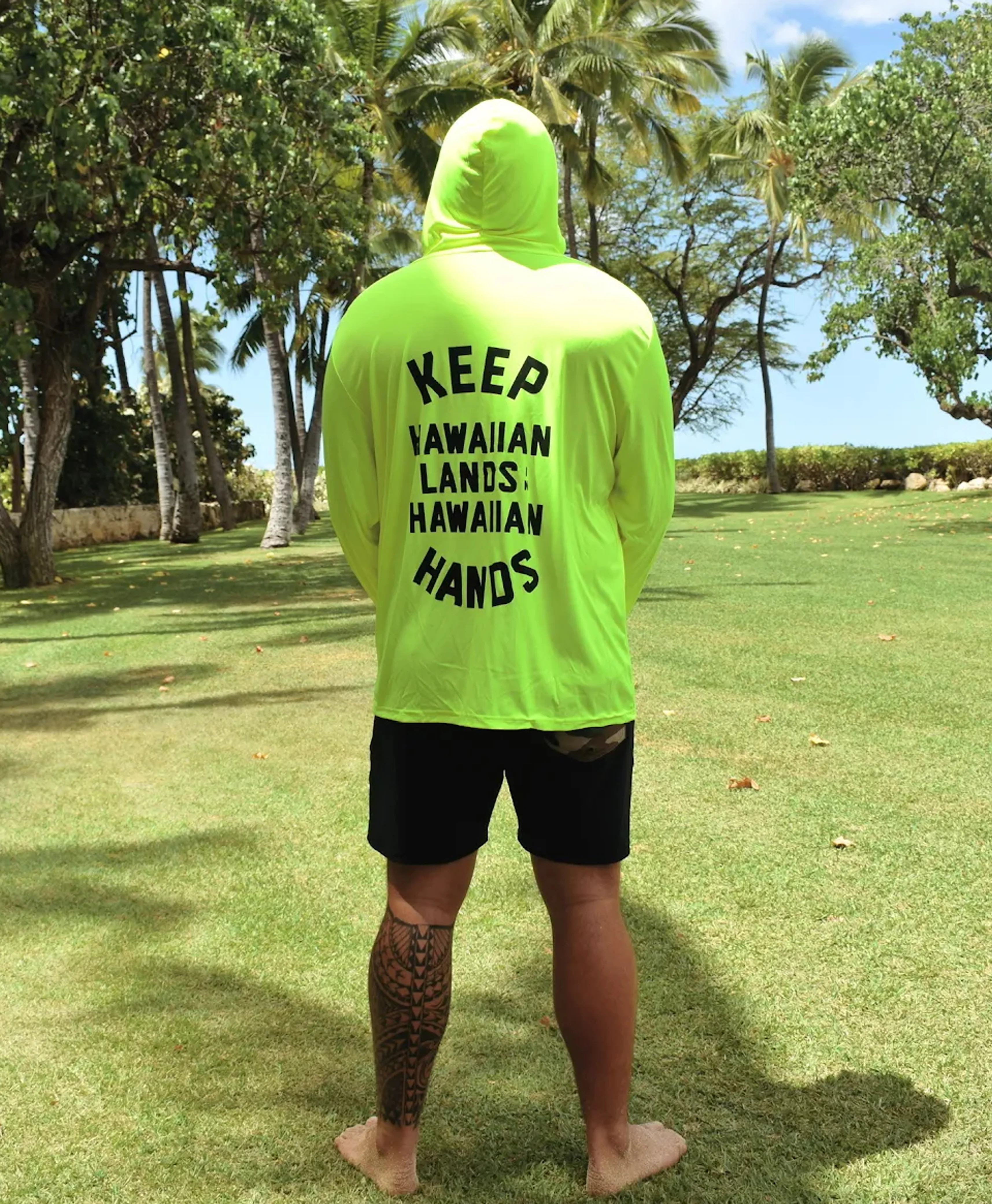 Keep Hawaiian Lands in Hawaiian Hands Hooded Long Sleeve Drifit Safety Green - Image 2