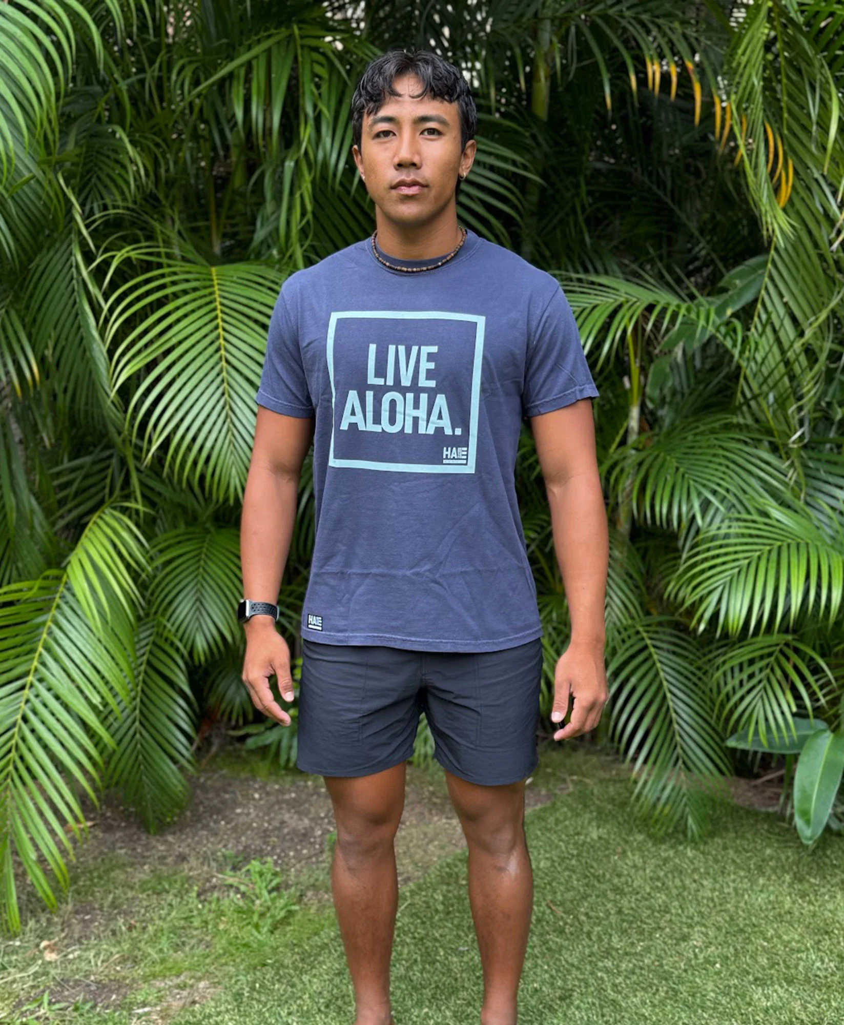 Live Aloha Celadon on Navy T-Shirt