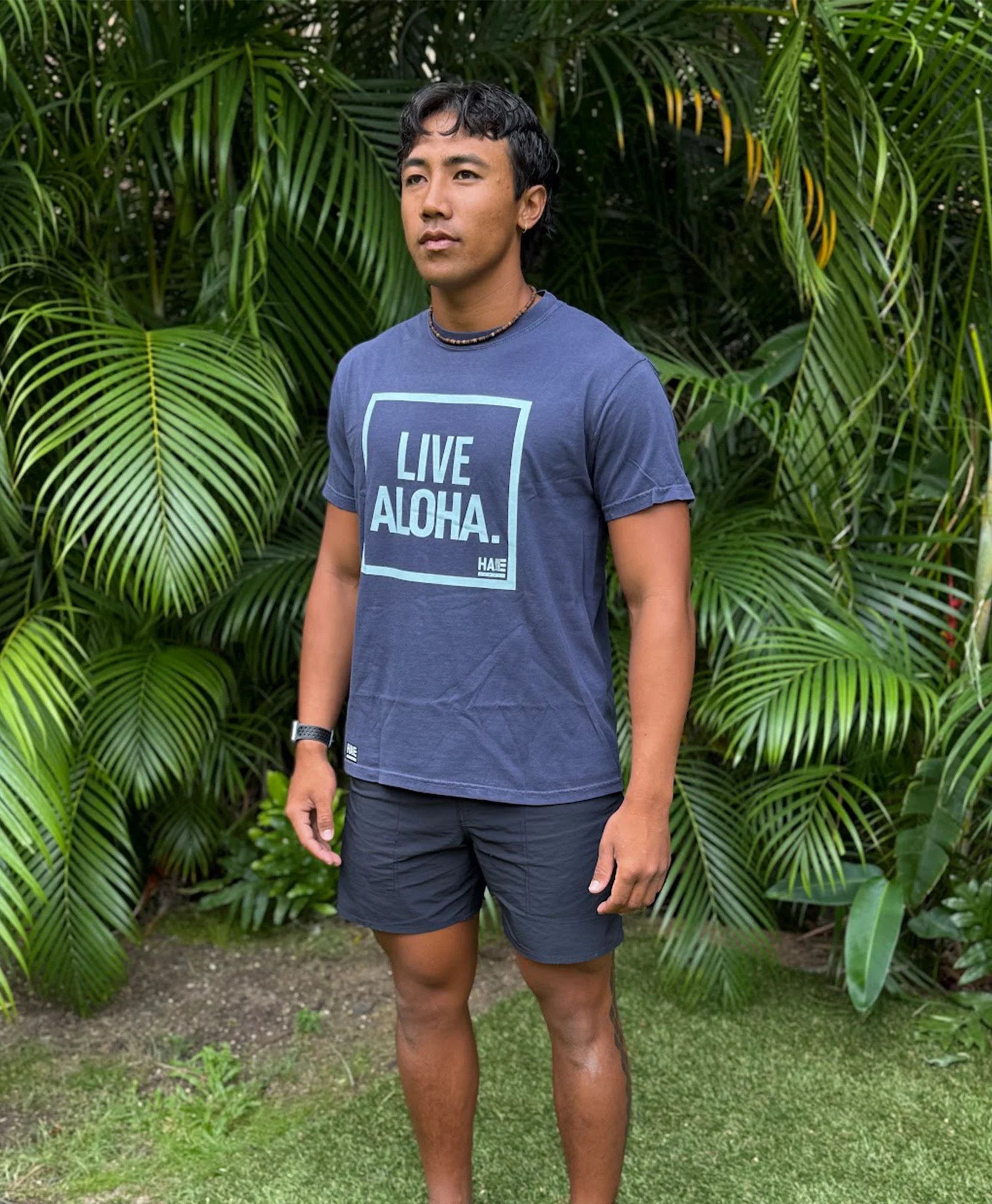 Live Aloha Celadon on Navy T-Shirt - Image 2