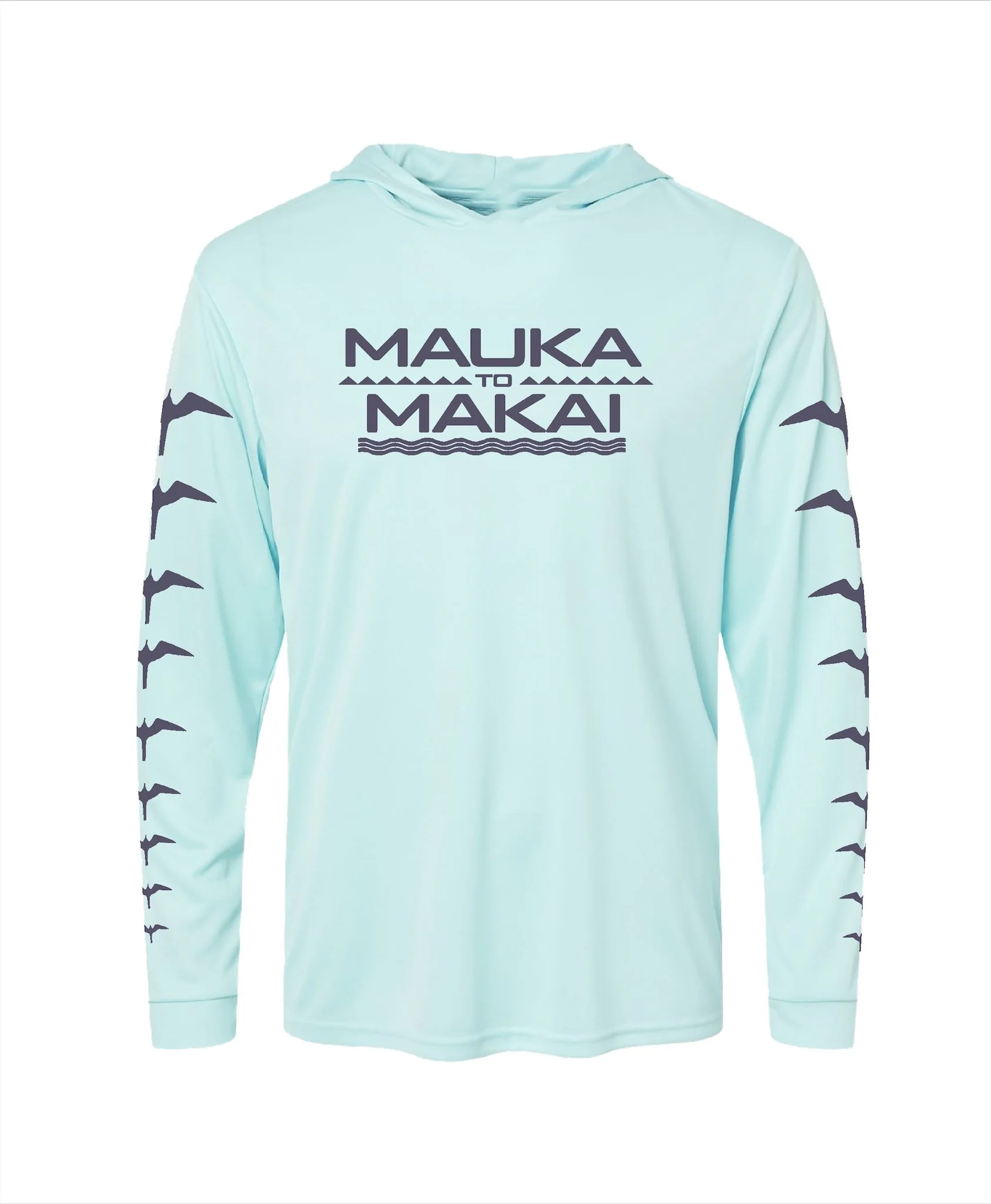 Mauka to Makai Grey on Light Blue Hooded Long Sleeve Drifit - Image 3