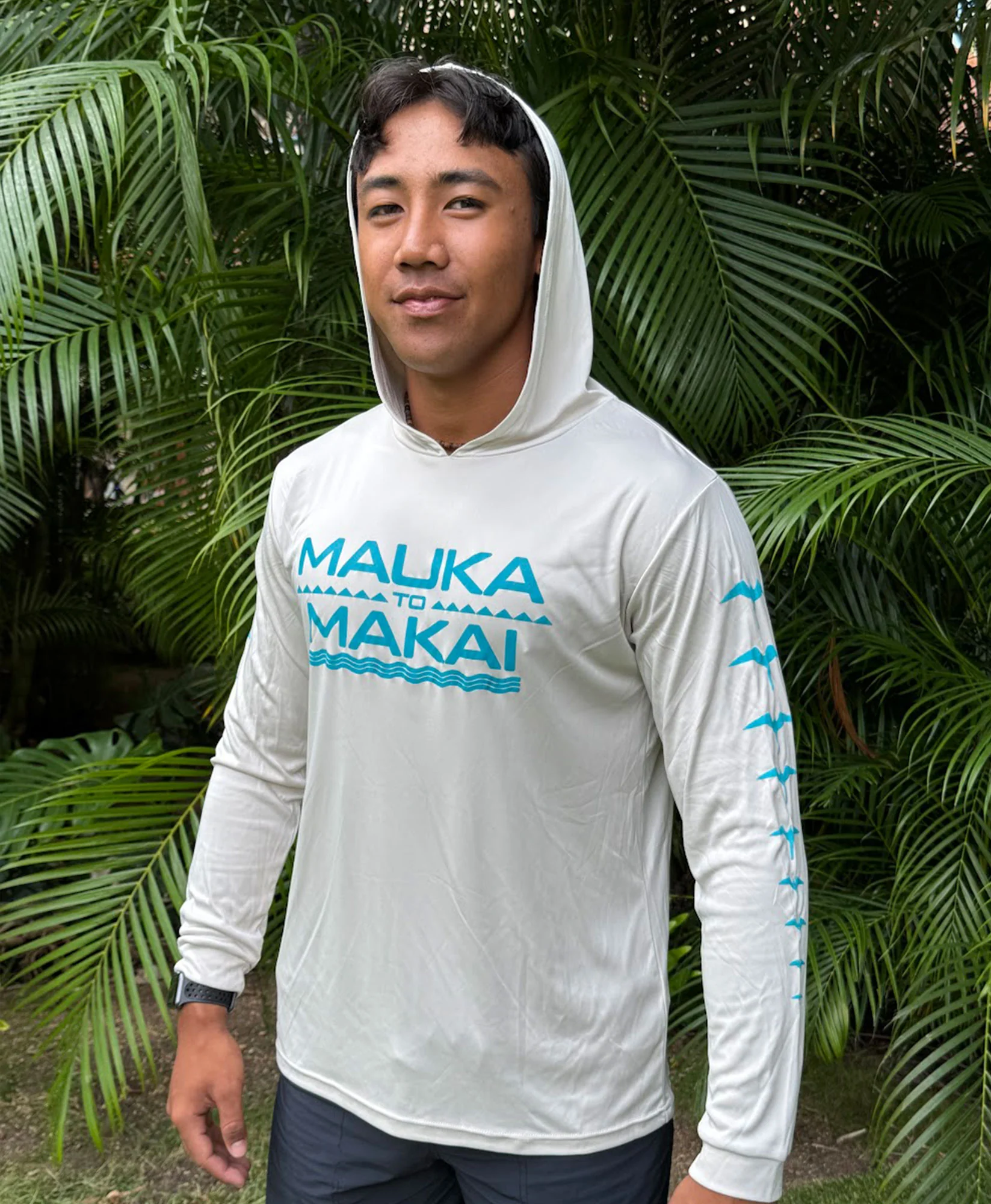 Mauka to Makai Hooded Long Sleeve Drifit Teal on Sand - Image 2