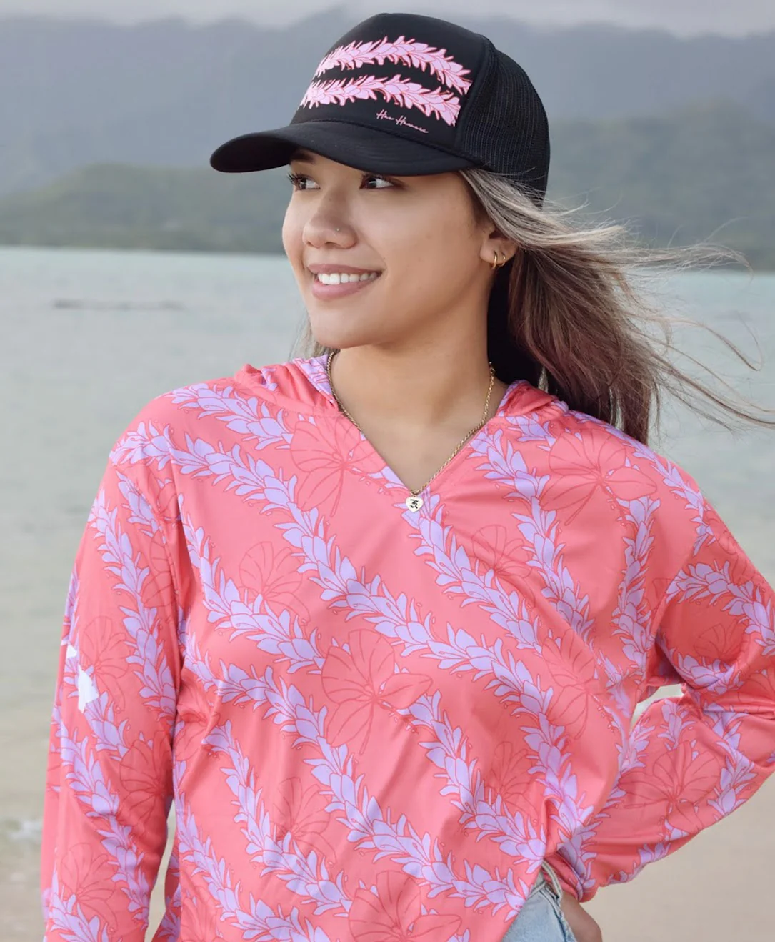 Awapuhi Wahine Crop Hooded Long Sleeve Vneck Drifit Coral