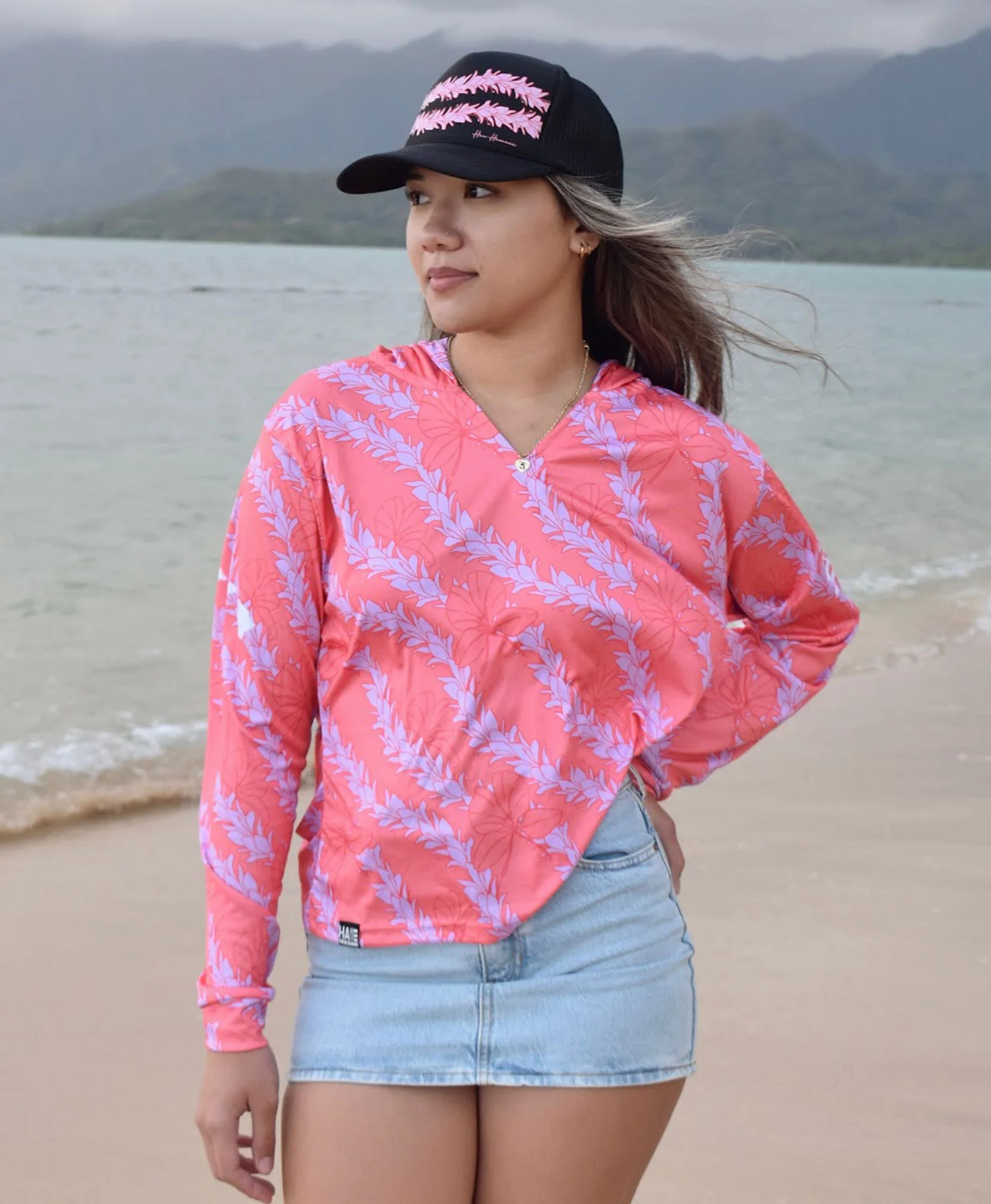 Awapuhi Wahine Crop Hooded Long Sleeve Vneck Drifit Coral - Image 2