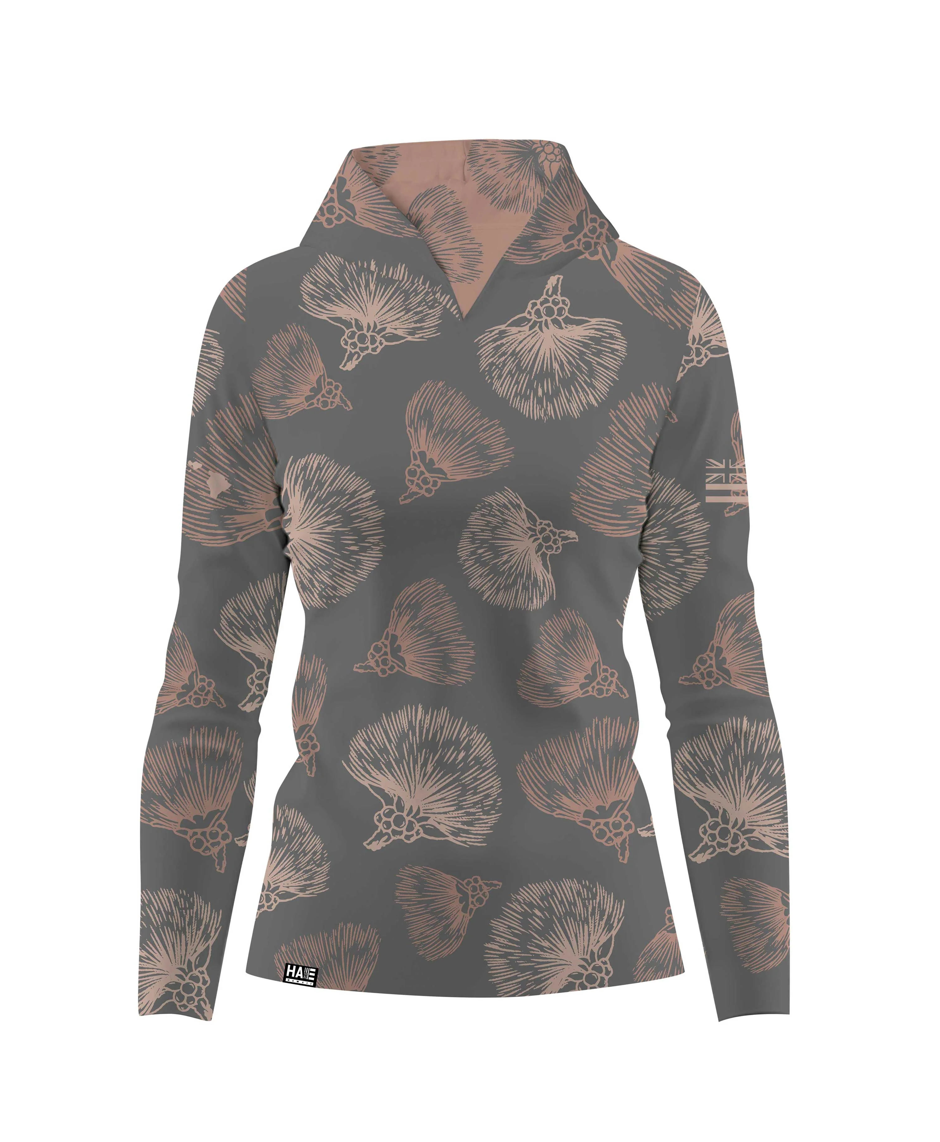 Ohia Lehua Wahine V-Neck Hooded Longsleeve Drifit Gray - Image 2
