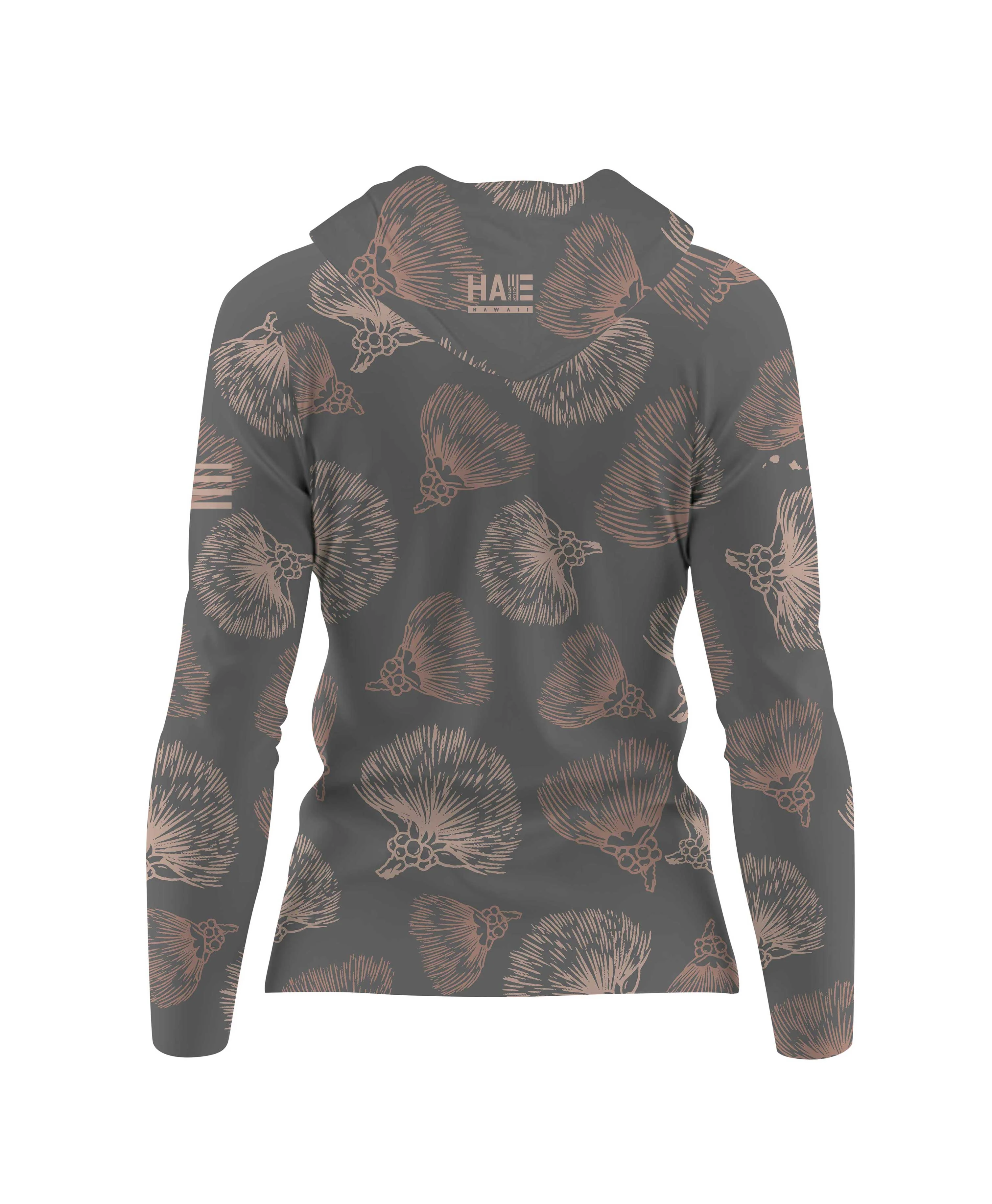 Ohia Lehua Wahine V-Neck Hooded Longsleeve Drifit Gray - Image 3