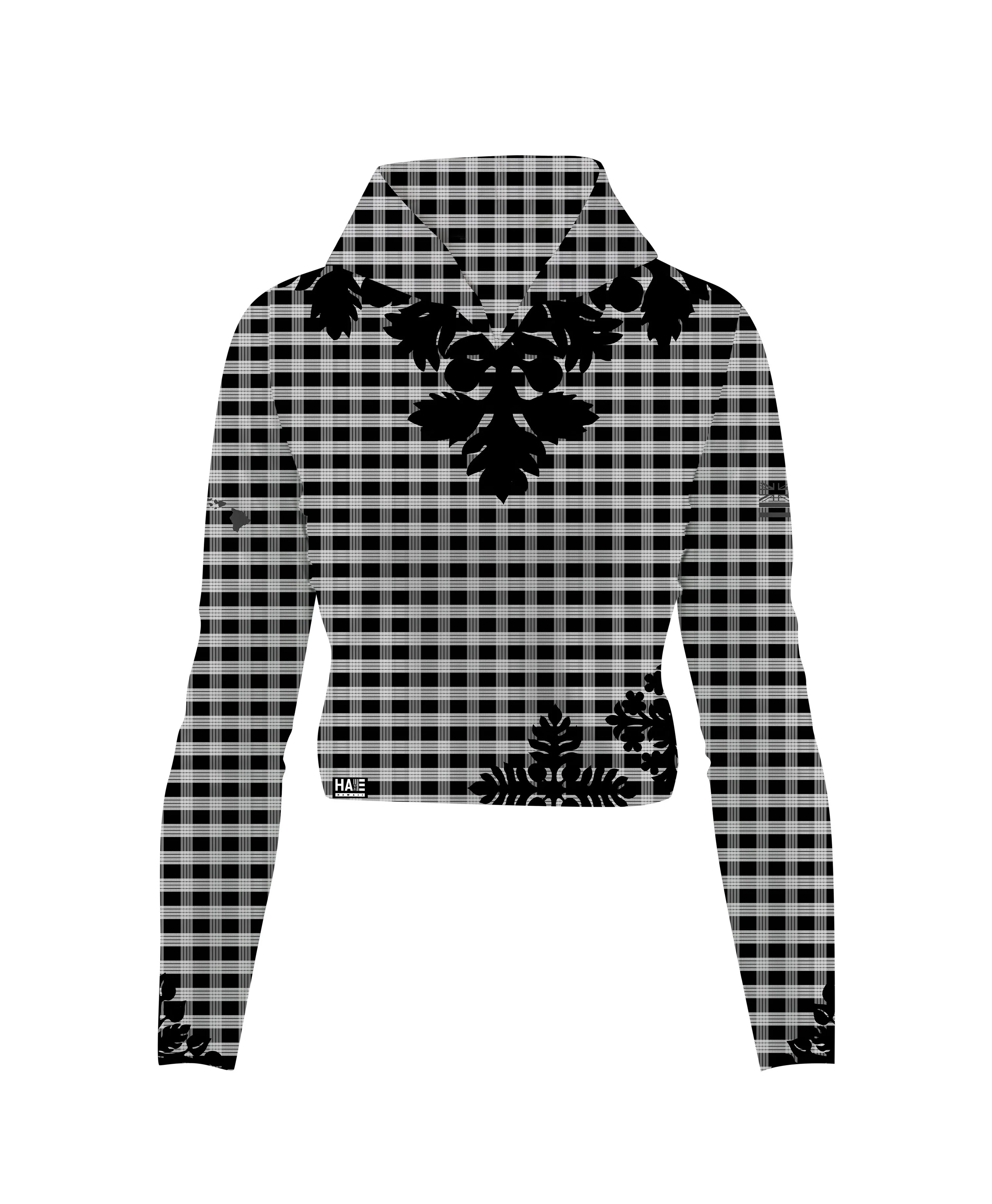 Palaka Kuiki Wahine V-Neck Hooded Crop Longsleeve Drifit Black - Image 6