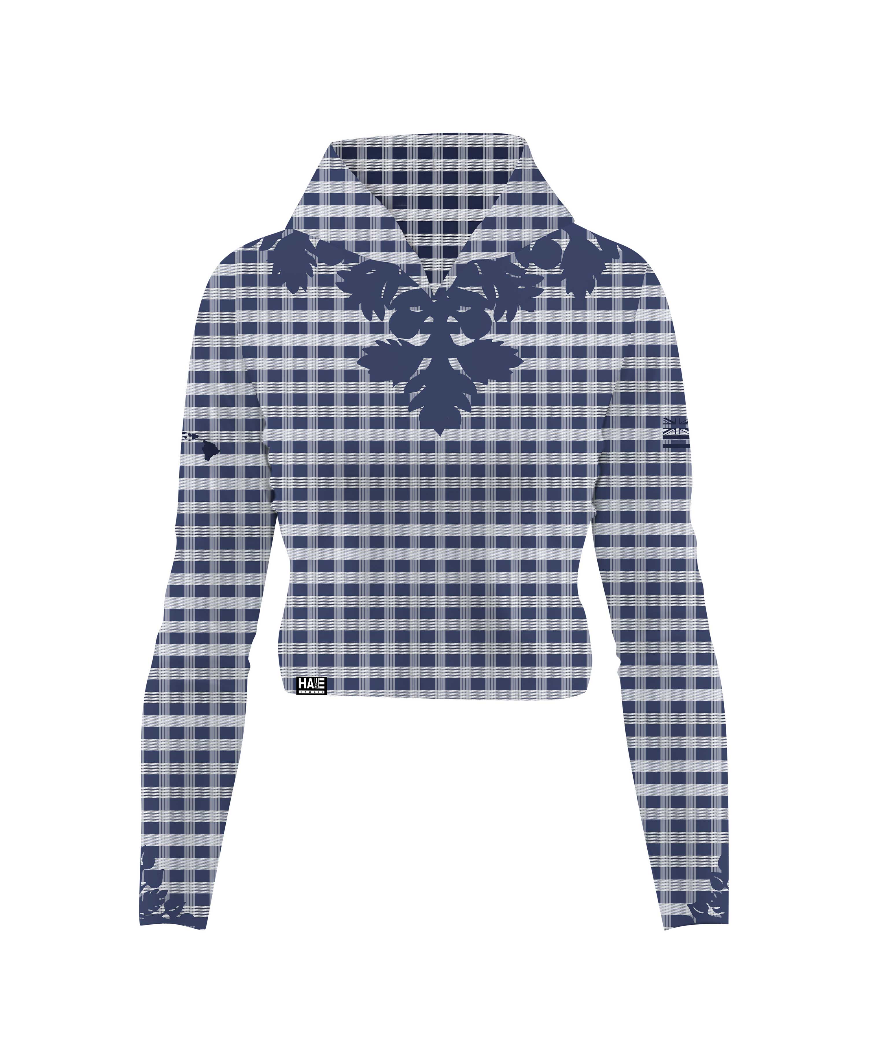Palaka Kuiki Wahine V-Neck Hooded Crop Longsleeve Drifit Navy - Image 3