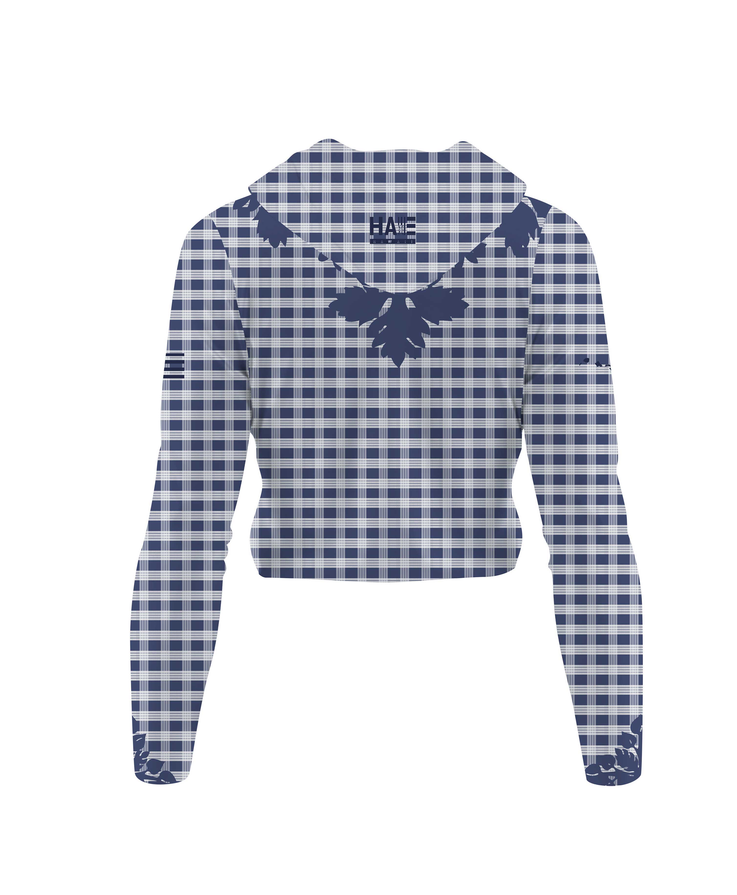 Palaka Kuiki Wahine V-Neck Hooded Crop Longsleeve Drifit Navy - Image 4