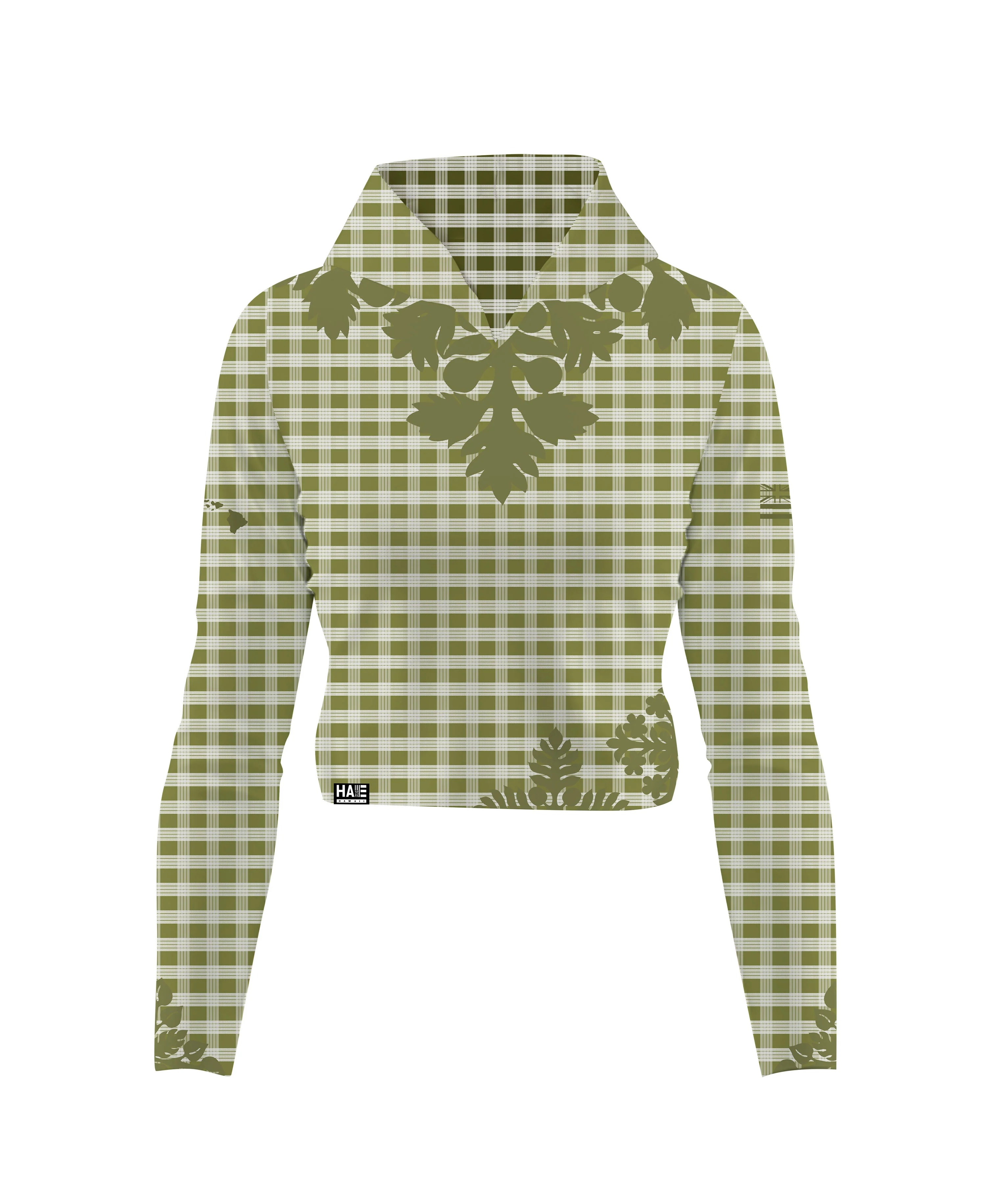 Palaka Kuiki Wahine V-Neck Hooded Crop Longsleeve Drifit Olive Green - Image 3