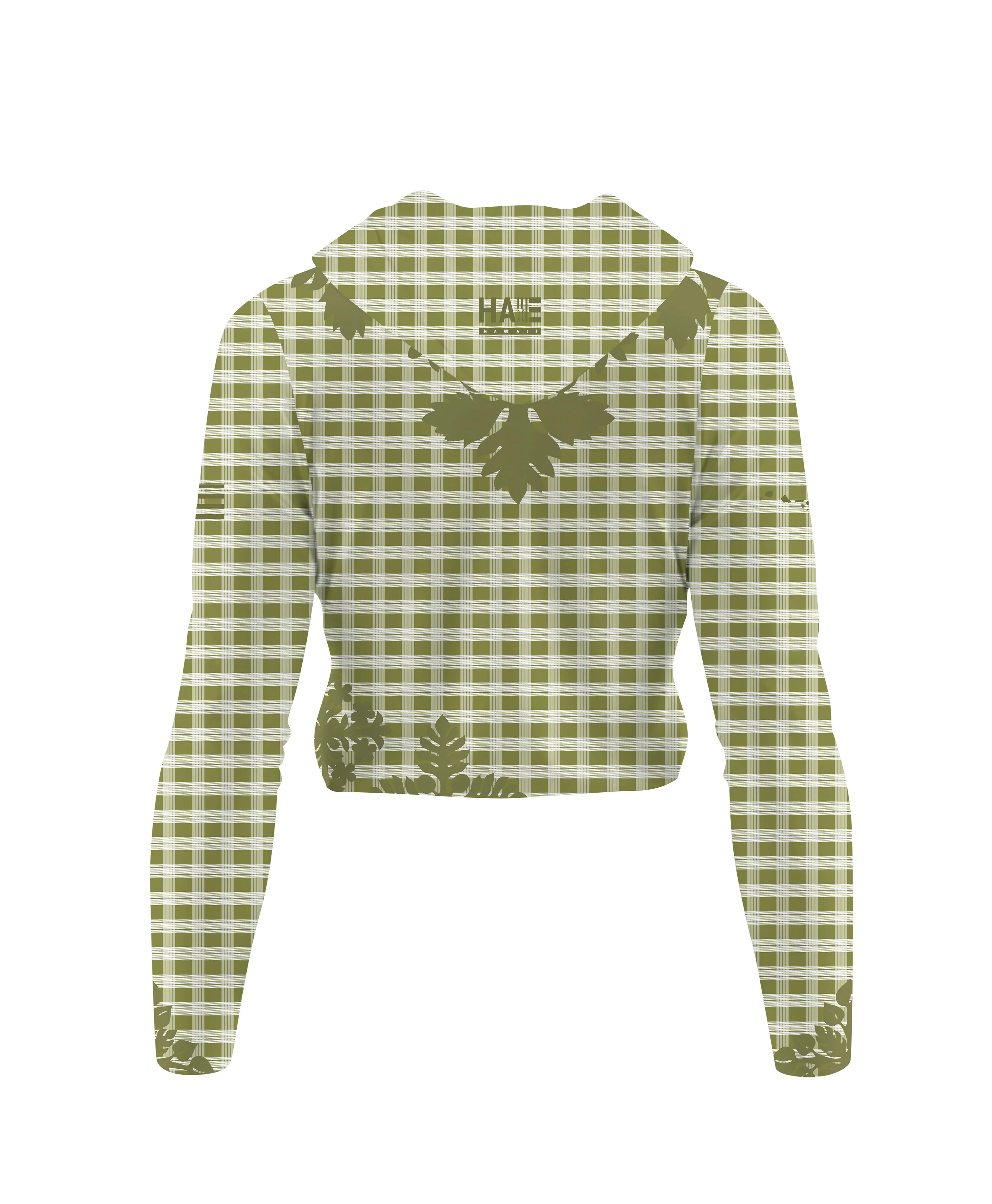 Palaka Kuiki Wahine V-Neck Hooded Crop Longsleeve Drifit Olive Green - Image 4