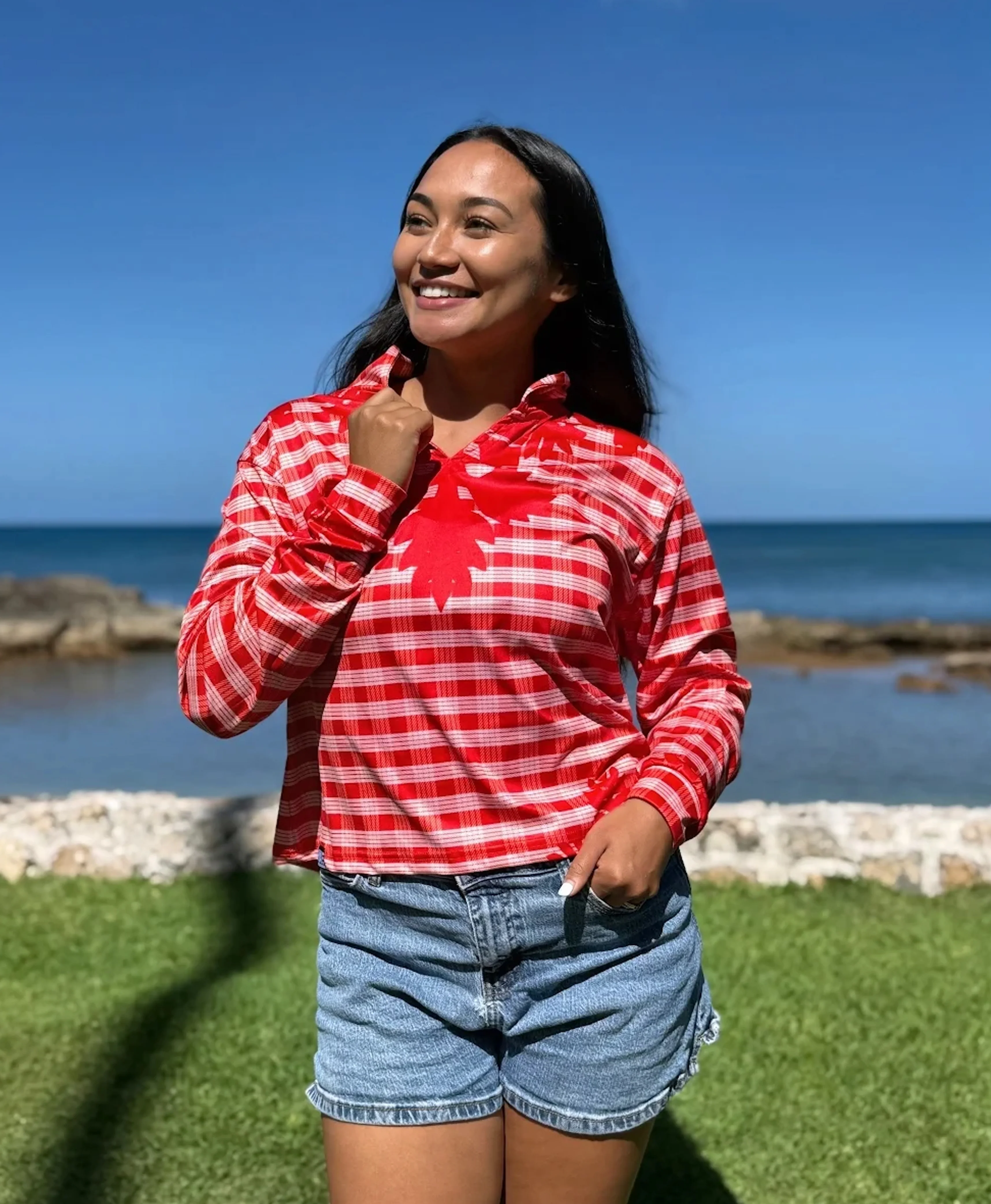 Palaka Kuiki Wahine V-Neck Hooded Crop Longsleeve Drifit Red