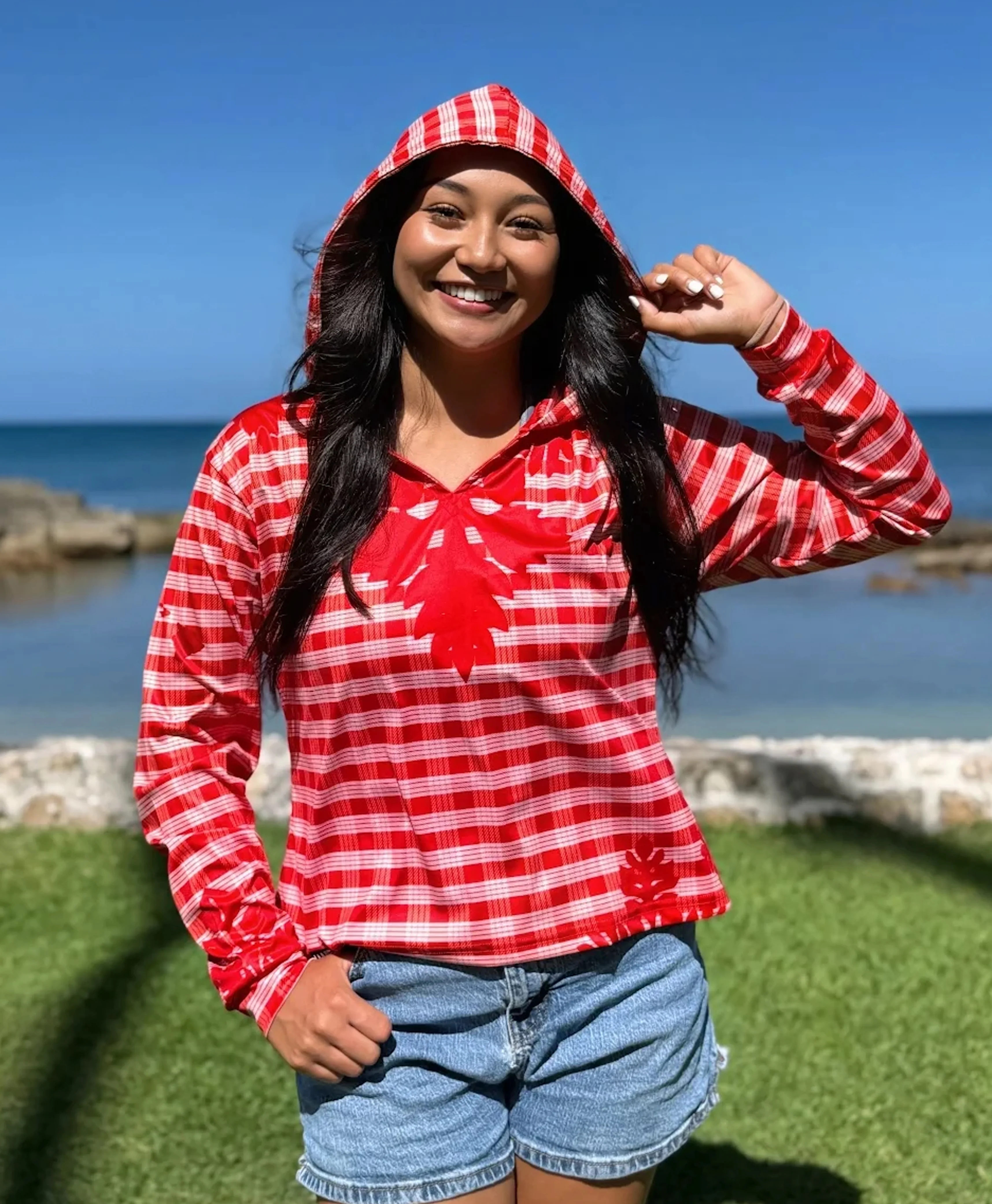 Palaka Kuiki Wahine V-Neck Hooded Crop Longsleeve Drifit Red - Image 2