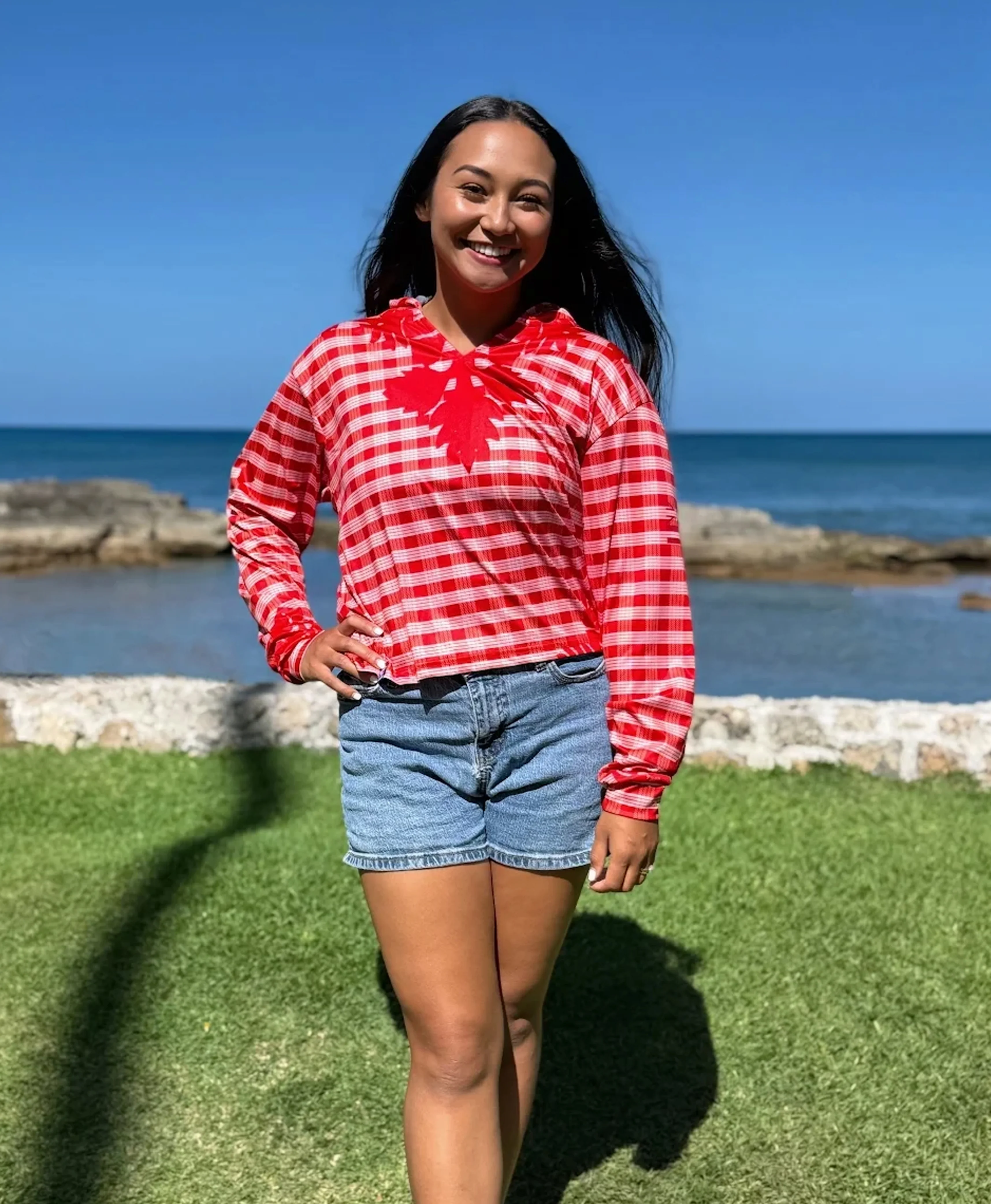 Palaka Kuiki Wahine V-Neck Hooded Crop Longsleeve Drifit Red - Image 3