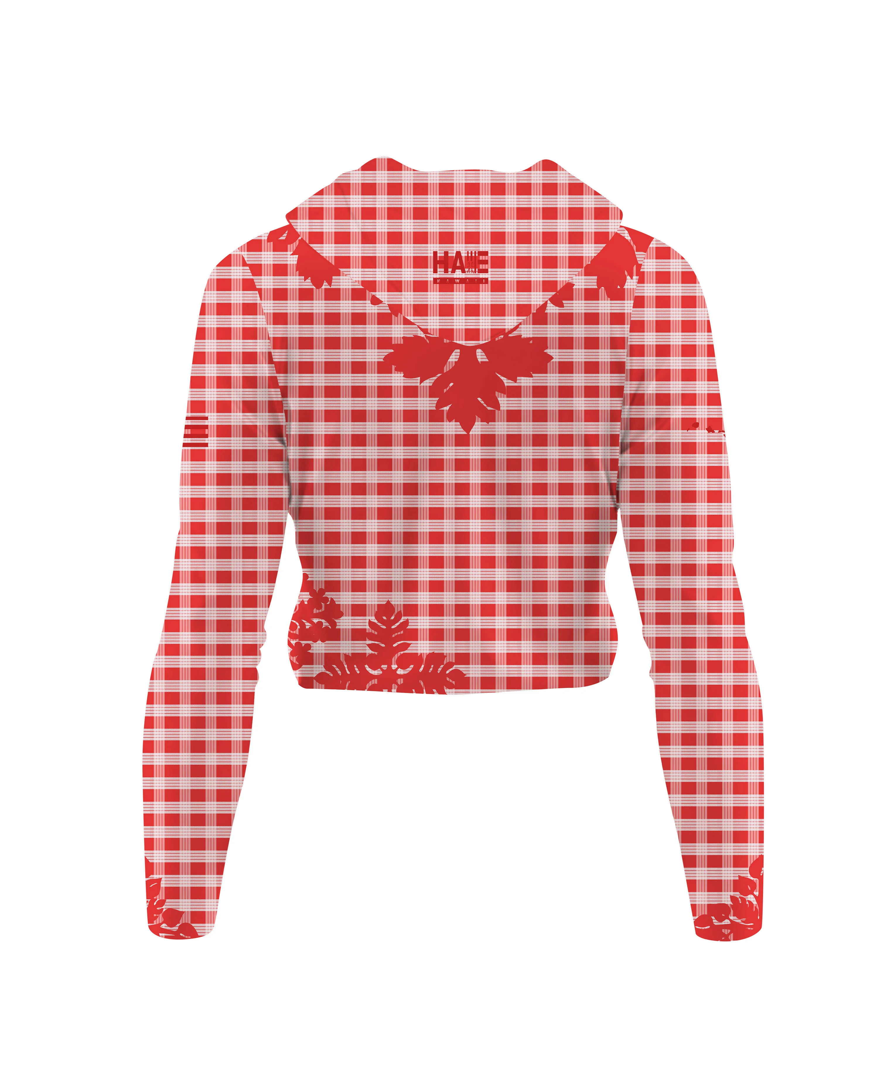 Palaka Kuiki Wahine V-Neck Hooded Crop Longsleeve Drifit Red - Image 6