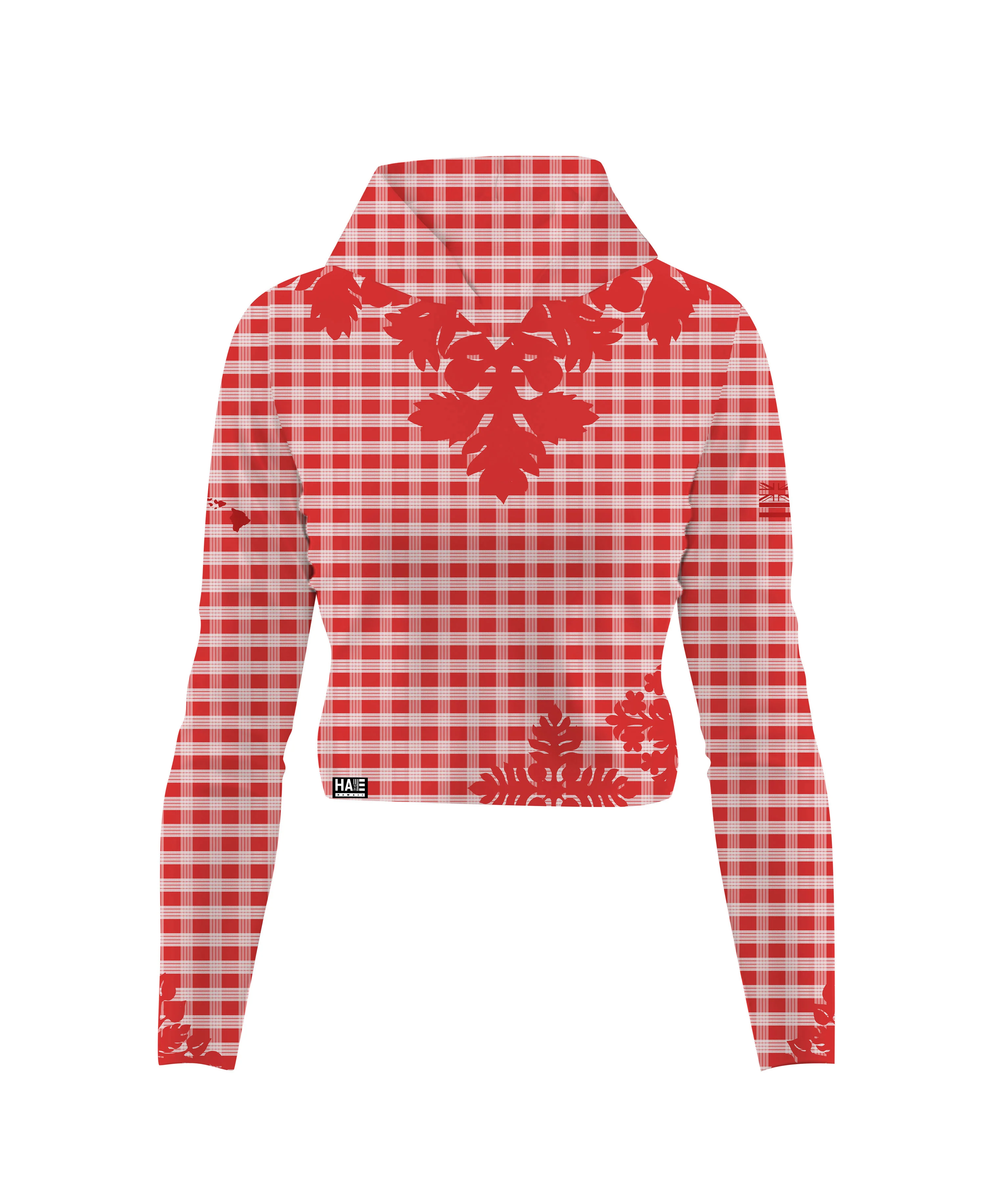 Palaka Kuiki Wahine V-Neck Hooded Crop Longsleeve Drifit Red - Image 7